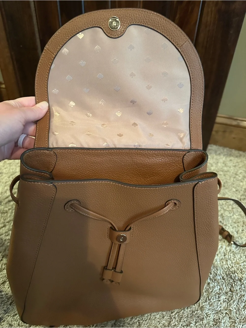 kate spade Tan Pebbled Leather Backpack with Gold Accent